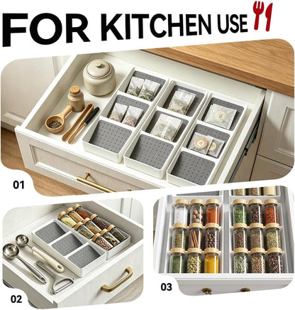 Spice Drawer Organizer,Silicone Seasoning Jar Drawer Insert,Spice Rack Organization for Drawer,Spice jar holder for drawer,Kitchen Spice Rack Tray for Cabinet Countertop Makeup Storage