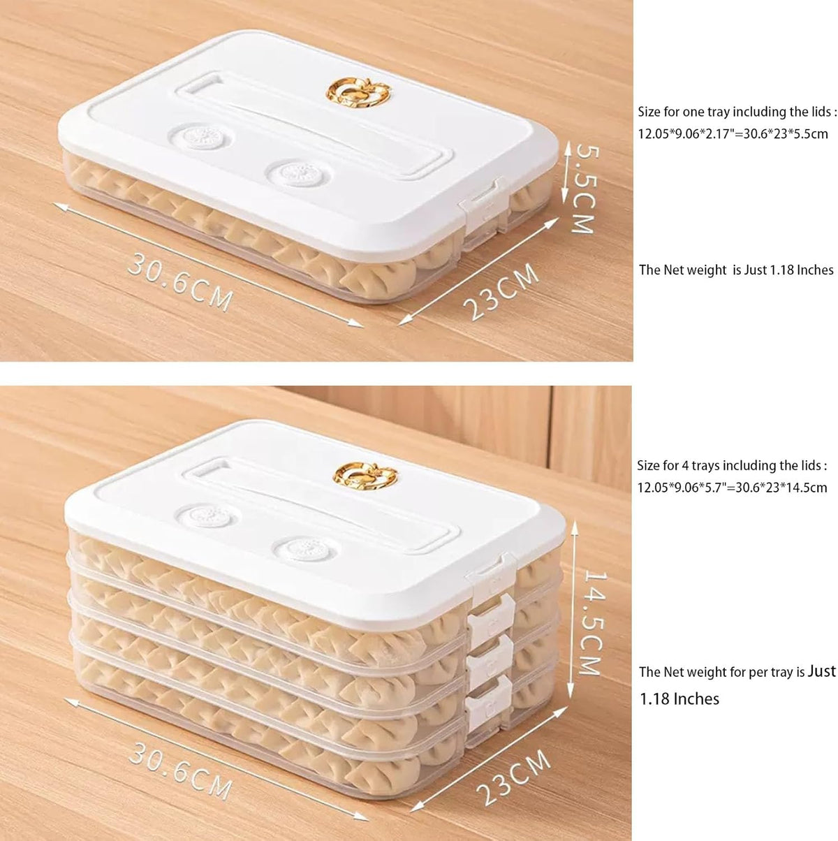 4-Layer Small Frozen Dumpling Storage with Lids, Flat Stacks Food Container Icing Cookies Wonton Donuts Box Organizer For Fridge, 1.18 Inches Net Height for Per Layer, White