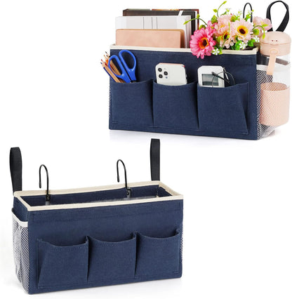 Lilithye Bedside Caddy Storage Organizer with Fixed Straps and Water Bottle Holder for Home, College, Dorm, Bunk/Hospital/Crib Bed Rails, White