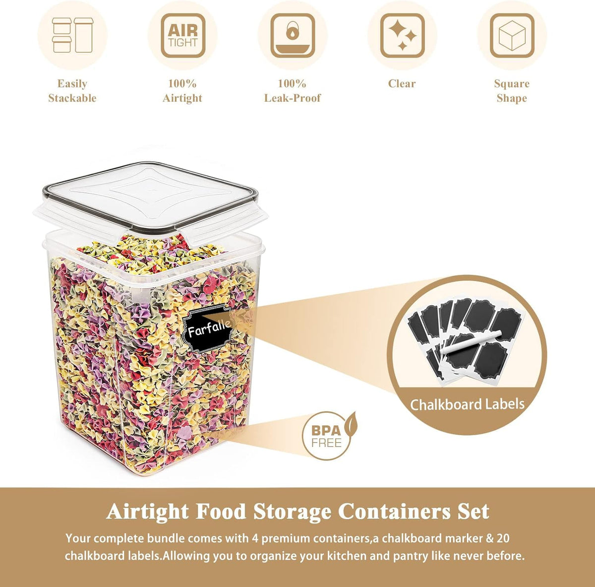 Wildone Large Food Storage Containers 5.2L /175oz, 4 Piece BPA Free Plastic Airtight Food Storage Containers for Flour, Sugar, Baking Supplies, Kitchen & Pantry Containers with 20 Labels