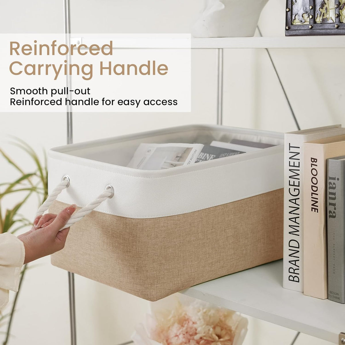 Large Storage Baskets- 15.7x11.8x8.26 inch Storage Bins for Shelves and Closet Organizing, Foldable Fabric Bin for Home Organization Clothes and Laundry (3-Pack, White&Khaki)