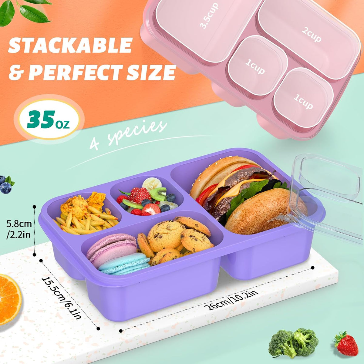 Bento Box Adult Lunch Box - 4 Pack, 5 - Compartment Meal Prep Container for Kids, Reusable Food Storage Snack Containers - Stackable for School, Work, and Travel (Wheat(Green/Blue/Pink/Beige))