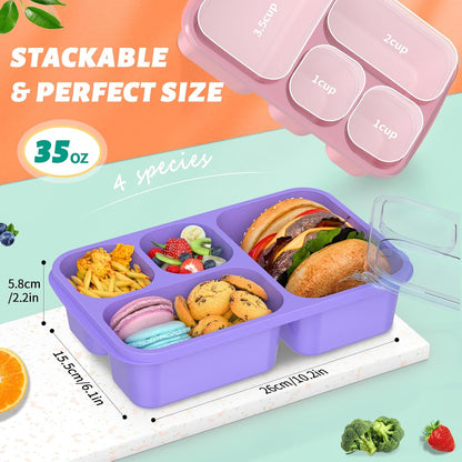 Bento Box Adult Lunch Box - 4 Pack, 5 - Compartment Meal Prep Container for Kids, Reusable Food Storage Snack Containers - Stackable for School, Work, and Travel (Wheat(Green/Blue/Pink/Beige))