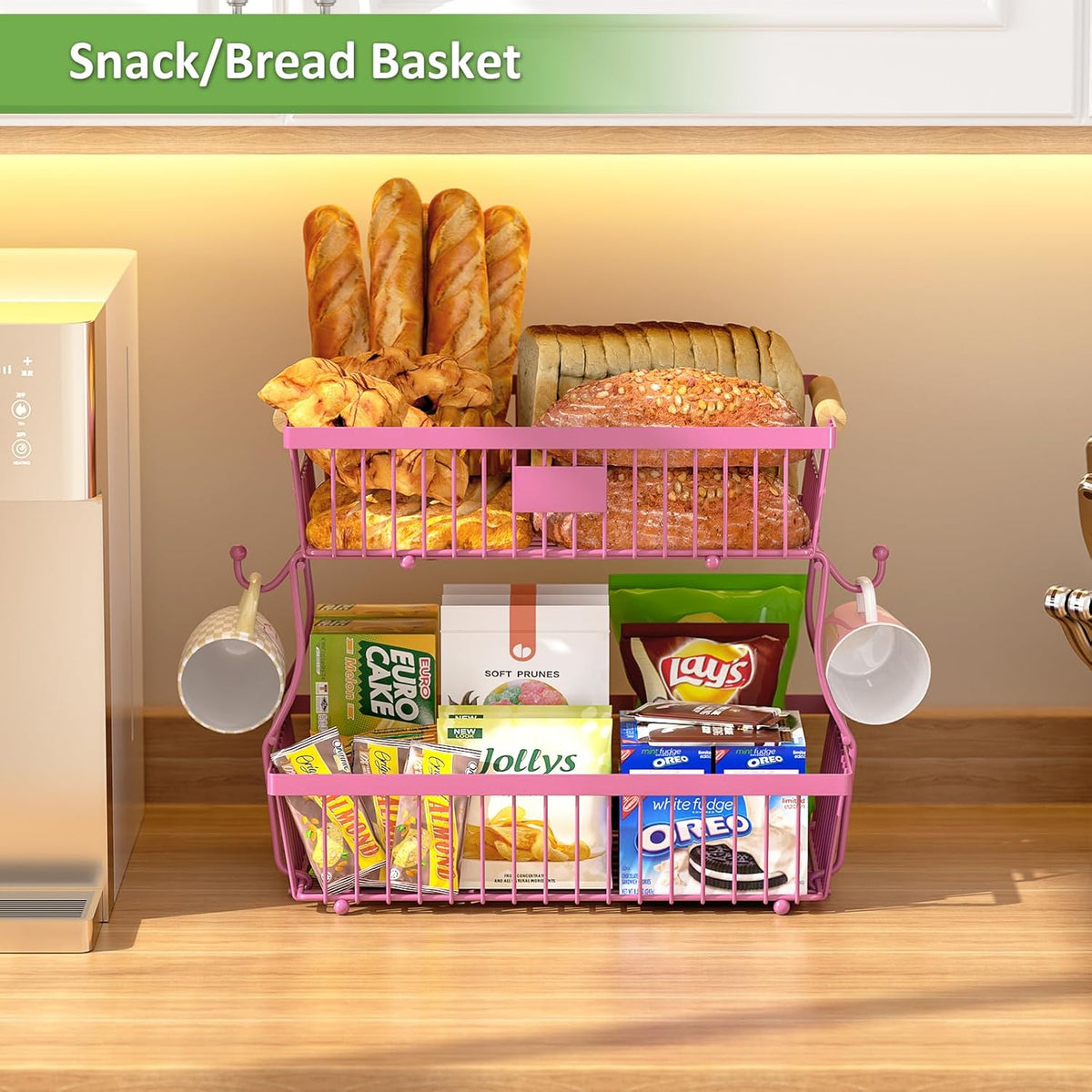 2 Tier Fruit Basket for Kitchen Counter with 2 Banana Hangers, Countertop Metal Bread Basket with Wooden Handle, Large Storage Stand for Vegetables, Snacks, Eggs, Produce Storage – Black
