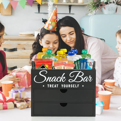 Snack Organizer for Countertop, Wood Pantry Storage Bins with Handles, Snack Bar Organizer for Kitchen, Office, 4 Compartment Food Container Snack Box with Drawer, Pantry Organizer for Chips, Candy