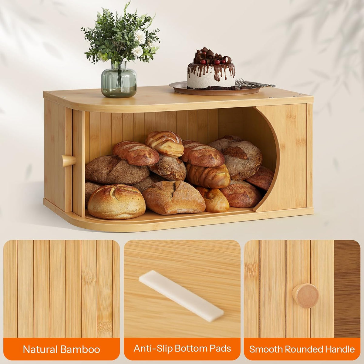 HOOBRO Bread Box, Bamboo Bread Box for Kitchen Countertop, Corner Bread Box with Roller Door, Bread Storage Container, Bamboo Food Storage Cabinet, for Kitchen, Dining Room, Natural YL20MB01