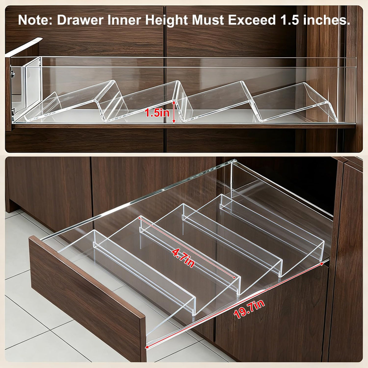 Expandable Acrylic Spice Drawer Organizer – 4-Tier Clear Seasoning Rack Insert for Kitchen Drawers, Adjustable from 9" to 18", Fits Most Spice Jars (Jars Not Included)