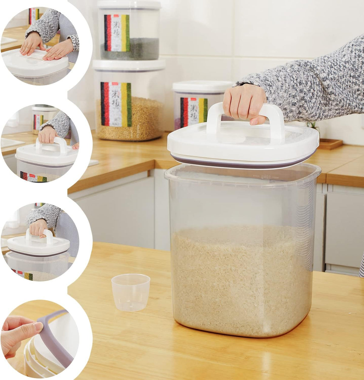 20-25 lbs Rice Dispenser,10.5 Qt/10 L/22-25 lbs Rice Container Storage with Measuring Cup & Brush Food Cereal Container Bins Household for Kitchen Pantry Organization (AY-10KG-WHITE)