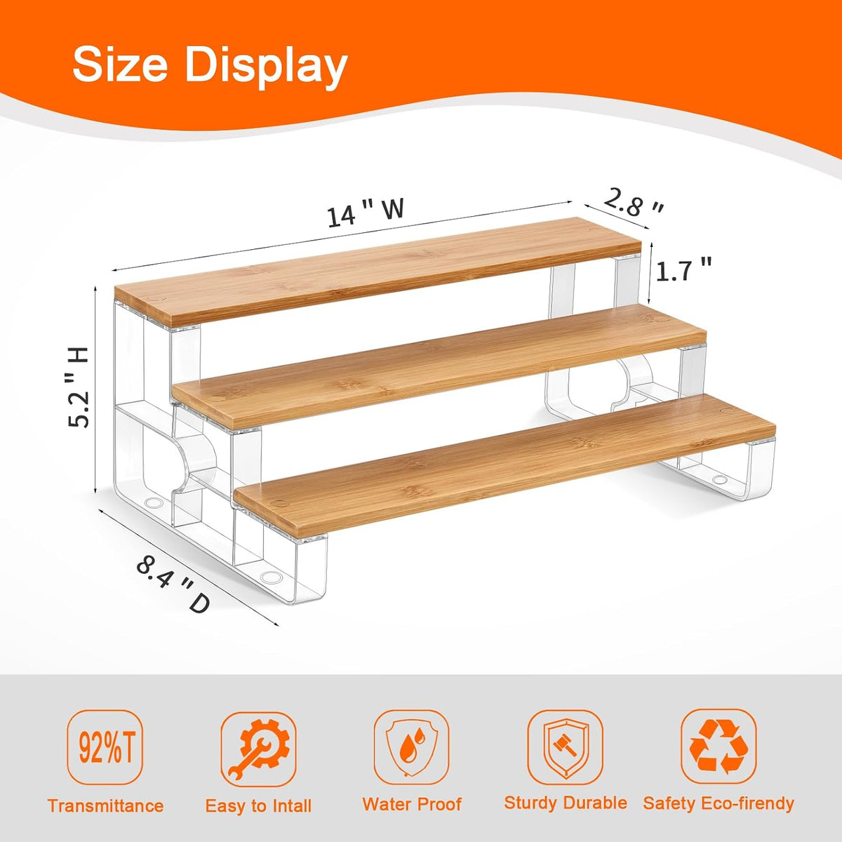 junyuan Spice Rack Organizer for Cabinet,3 Tier Spice Organization for Kitchen,Bathroom Organizers and Storage,Seasoning Countertop Shelf,Bamboo Display Shelves Racks,Clear 11.2"