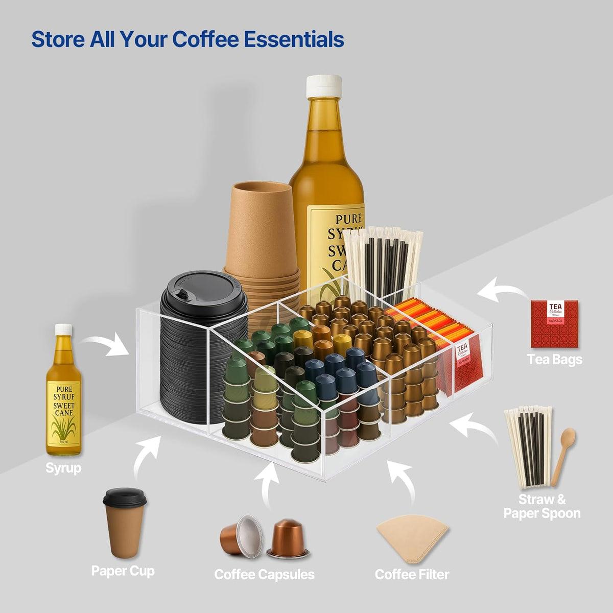 Coffee Bar Organizer for Countertop – Wooden Coffee Caddy with Compartments for Pods, Sugar Packets, and Accessories – Coffee Condiment Station Storage for Home and Office (Black)
