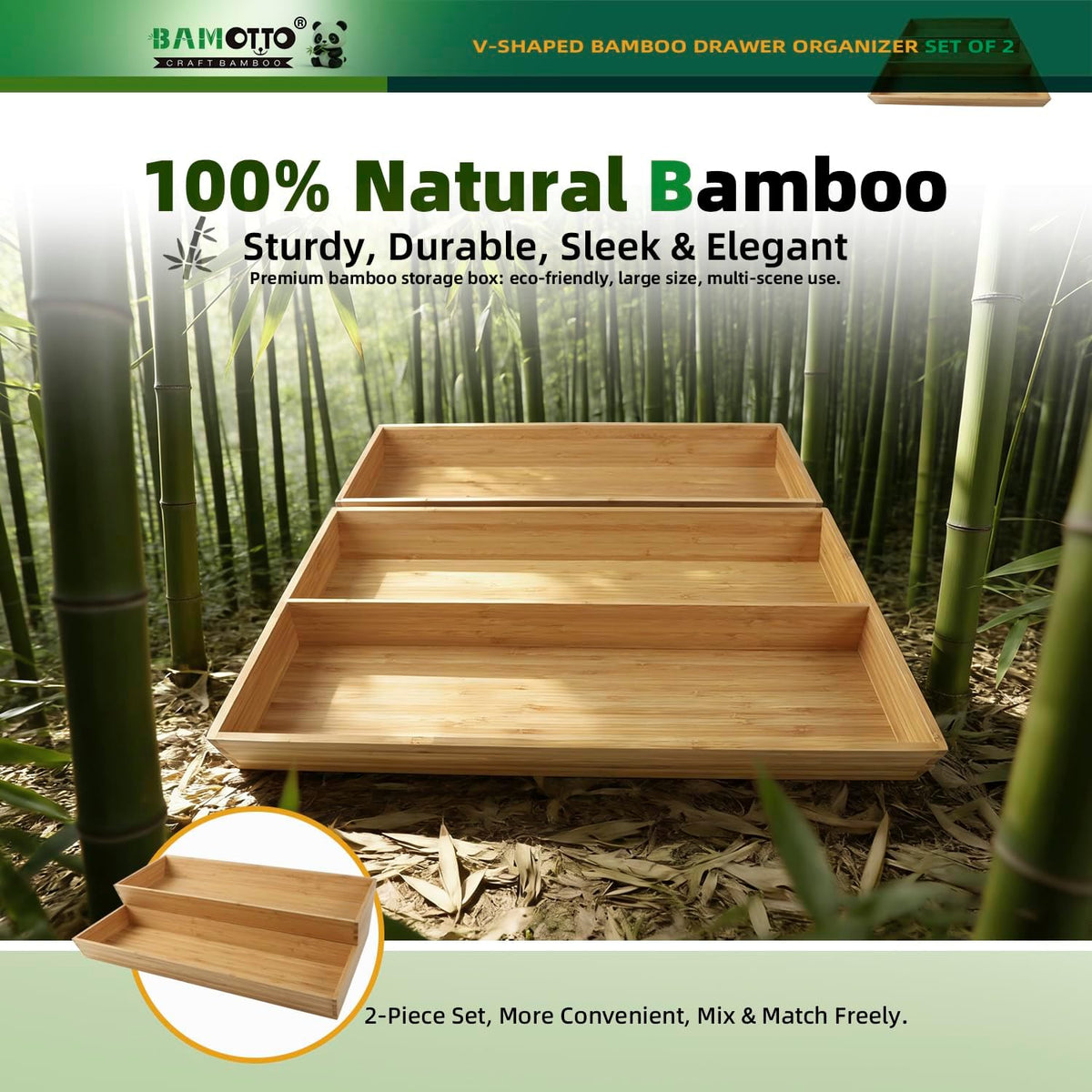 BAMOTTO CRAFTBAMBOO Stack Bamboo Drawer Organizer Set of 5, Kitchen Utensil, Flatware&Silverware Organizer-Wood Laminated Stackable for Kitchen, Bedroom, 13.4''x4.5''*2+10.2''x3.3''*2+10.2''x6.7''*1