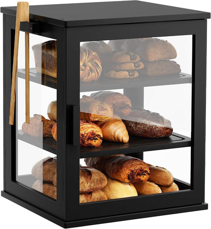 WOWLIVE Black Bread Box for Kitchen Countertop, Large 3 Layers Bread Storage Container for Homemade Bread with Window, Farmhouse Breadbox Organizer for Kitchen, Cabinet, Pantry (Black, Meduim)
