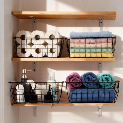 Black Wire Storage Baskets with Wooden Handles - Organizing Pantry and Kitchen Cabinets - Metal Wire Food Storage Basket