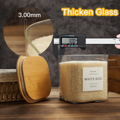 HHMJSM Large Glass Storage Jars With Airtight Bamboo Lid - 100 Fl Oz Thicken Kitchen Glass Food Storage Canister With 42 Pantry Labels - Big Clear Flour And Sugar Containers Farmhouse
