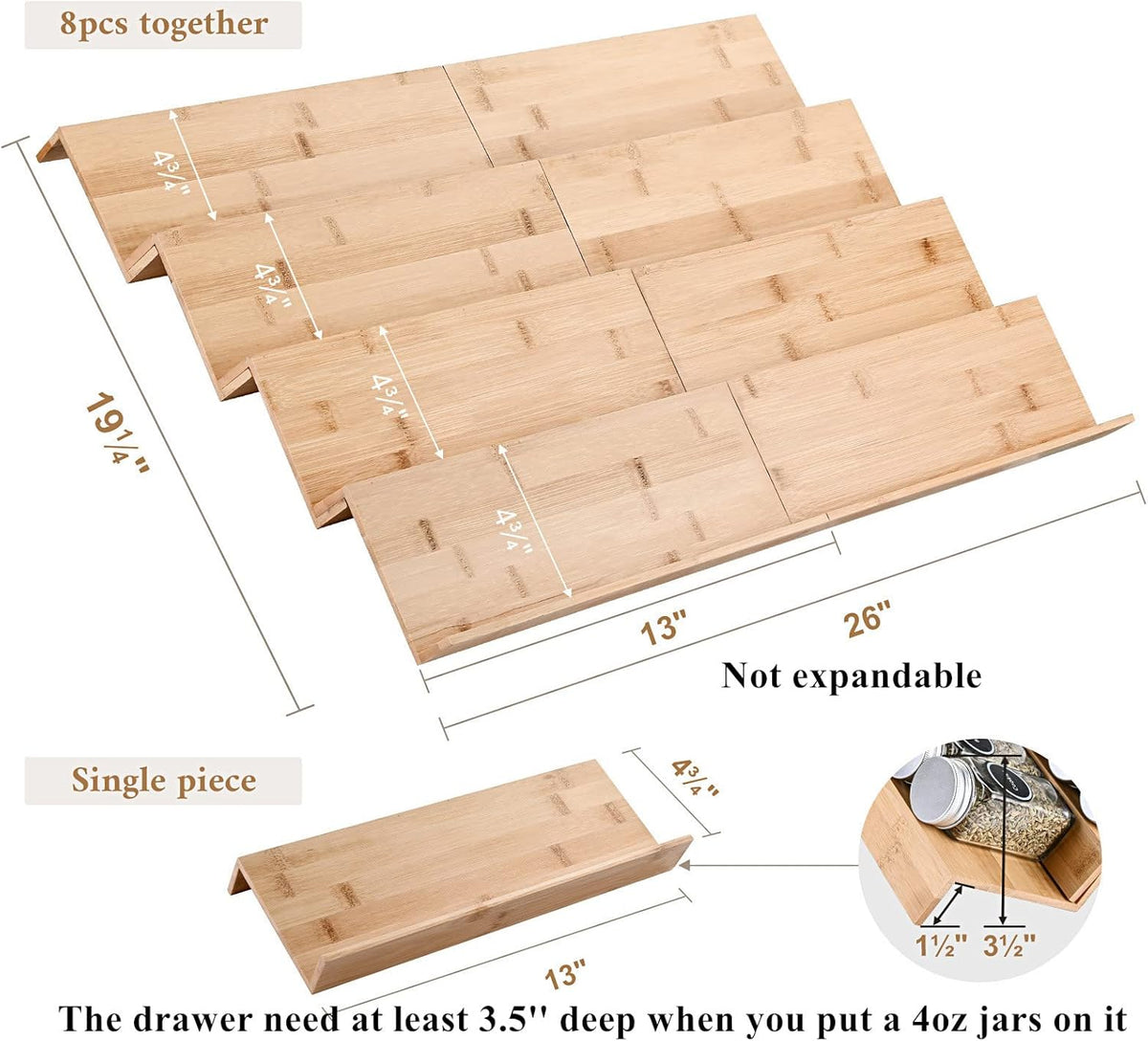 Mulush Bamboo Spice Rack Tray - Spice Drawer Organizer for Kitchen Cabinets Storage and Organization (Jars Not Included, 8 Individual Pieces, Not Adjustable)