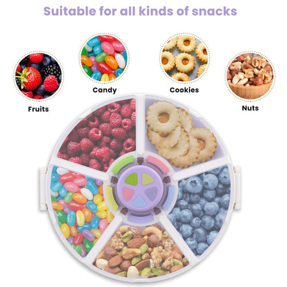 Pawtong Snack Rotator Container Reusable Snack Box with 5 Compartment Dispenser and Lid, Color Matching Opening Lid, BPA and PVC Free, for Home, School, Travel (Purple)