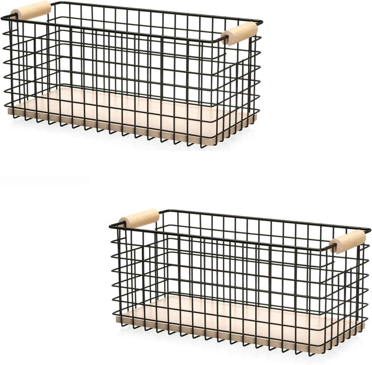 Wire Storage Baskets with Solid Wood Handles, Set of 2 – Metal Organizer Basket with MDF Base for Kitchen Countertop, Bathroom, Pantry, Entryway, Office | 12.8” x 6.25” | Black