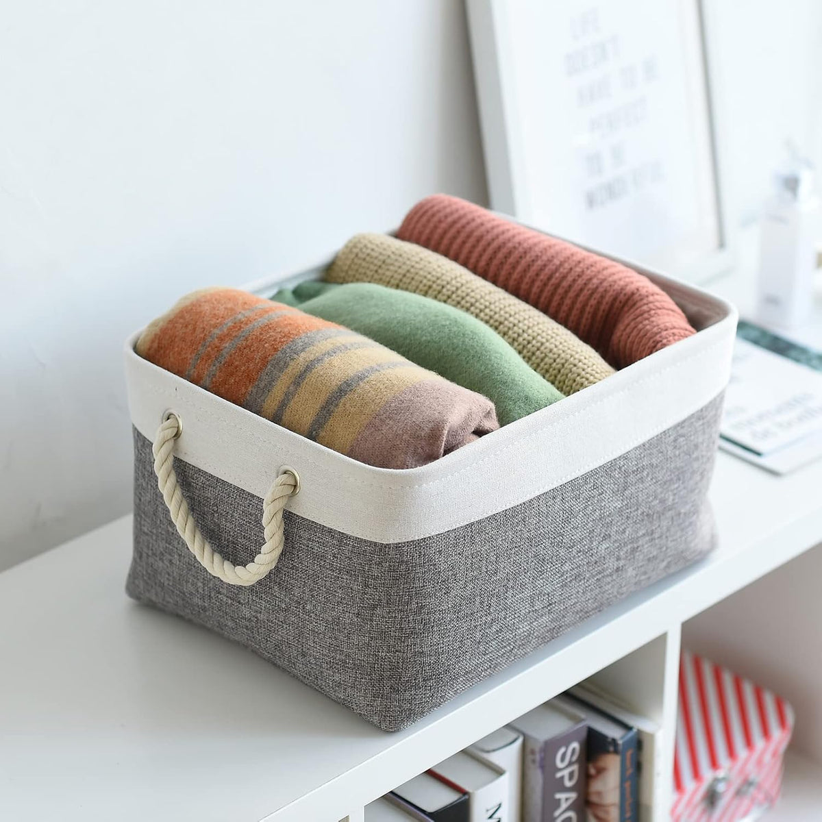 Fabric Storage Bins 12x8x5 inch [6-Pack] with Rope Handles - Decorative Baskets for Organizing