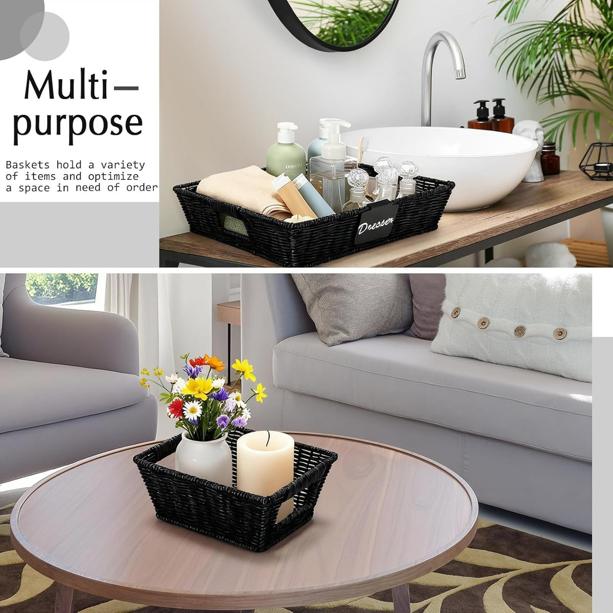 Marsui 9 Pcs Wicker Storage Baskets for Pantry Organization with Handle Labels Handwoven Multi-size Dark Brown Small Organizer Baskets Storage Bin Container for Shelves Closet Toilet Christmas Holiday