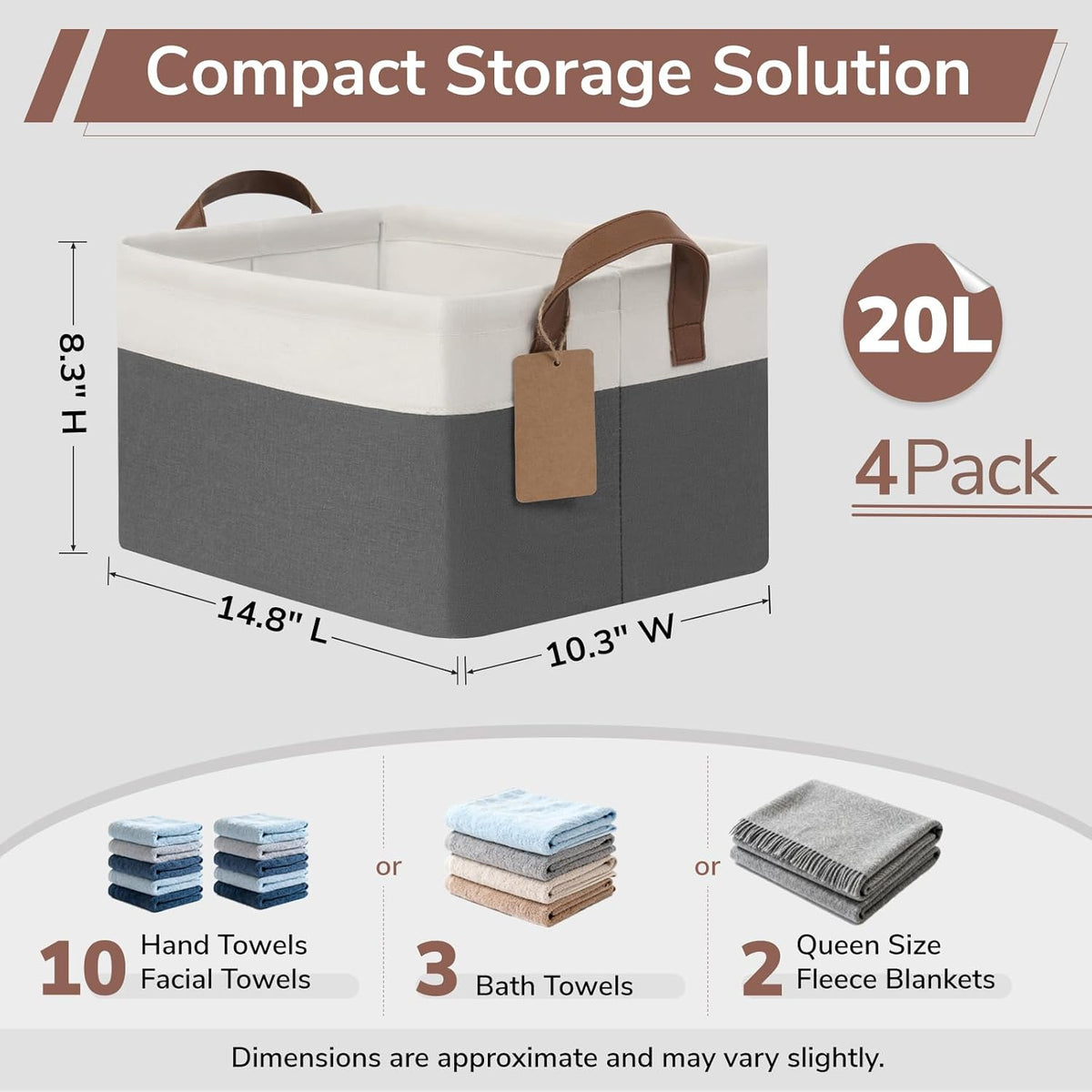 CHICVITA 4 Pack Large Storage Baskets for Shelves, Collapsible Closet Organizer Bins with Metal Frame, Fabric Storage Bins for Clothes Towels Organization, 16.8" x 11" x 9.8", Beige