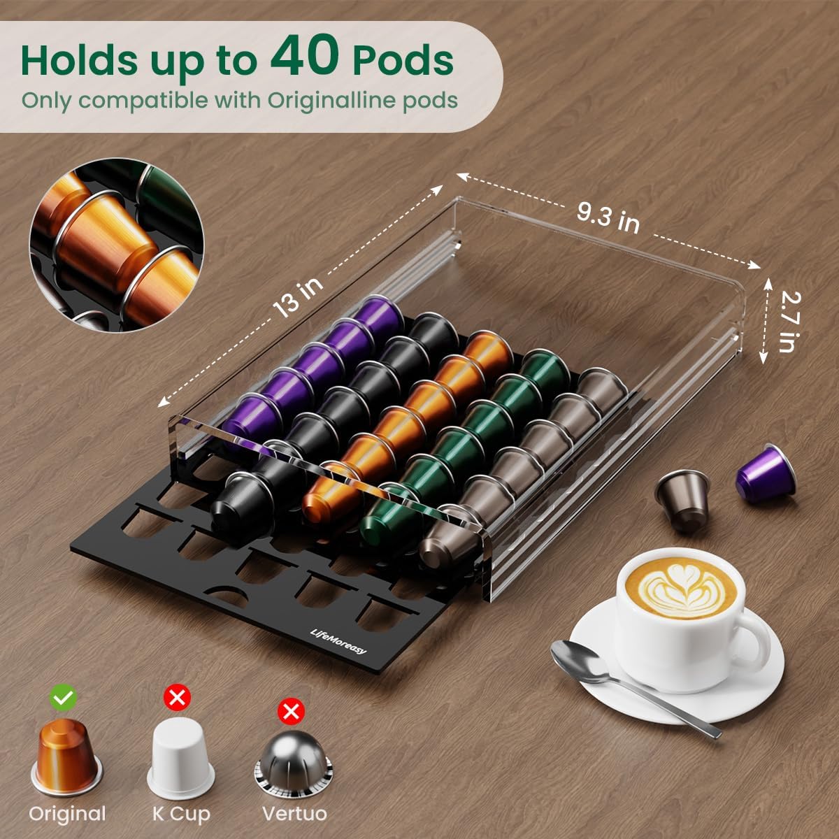 Acrylic Coffee Pod Holder for Nespresso OriginalLine Capsules, 40 Pods Capacity for Countertop Coffee Bar Home Office Kitchen