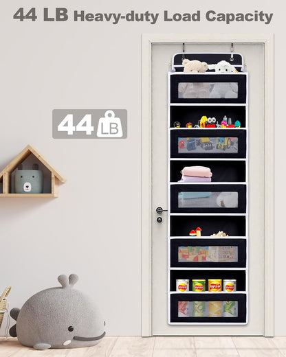 Over The Door Organizer 44LB Capacity with 5 Large Pockets & 10 Mesh Side Pockets, Clear Window Anti-Tilt Hanging Storage for Nursery, Bathroom, Pantry - Dark Grey, 1 Pack