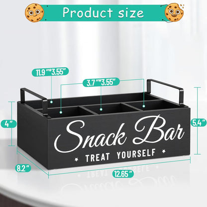 Snack Organizer for Countertop, Wood Pantry Storage Bins with Handles, Snack Bar Organizer for Kitchen, Office, 4 Compartment Food Container Snack Box with Drawer, Pantry Organizer for Chips, Candy