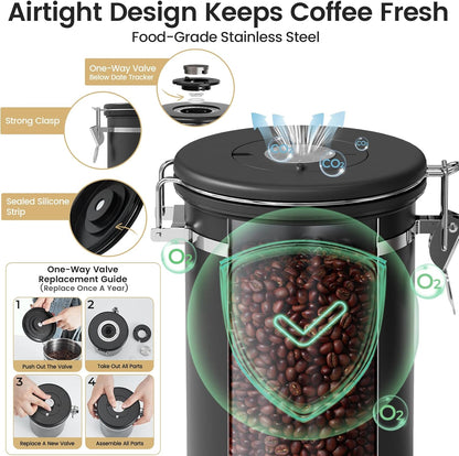 Veken Coffee Canister with Window, Family Choice Awards Winner, Airtight Stainless Steel Home Kitchen Food Storage Container with Lids for Grounds, Beans, Tea, Flour,Cereal,Sugar Jars,Scoop,16OZ,Black