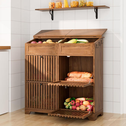 4 Tier Narrow Potato Storage Bin, Tall Wood Potato and Onion Storage Bin with Wheel, Movable Fruit and Vegetable Basket, Food Small Kitchen Pantry Cabinet, Wooden Bread Box, Walnut, Sliding Door