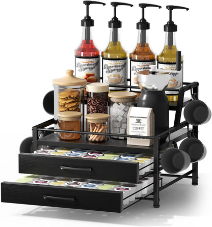 Homsorout Coffee Syrup Rack Organizer - 4-Tier 8 Syrup Wine Bottles Stand with 82 Storage Drawer for K Cups, Coffee Pod Holder for Countertop, Bar Station, Kitchen, Rustic Brown