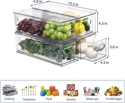 Fridge Drawer Pull Out Stackable Bins, Clear Refrigerator Stackable Organizers, Fridge Organizer Storage for Kitchen, Pantry, Vegetables, Fruits (2 Small + 1 Large)