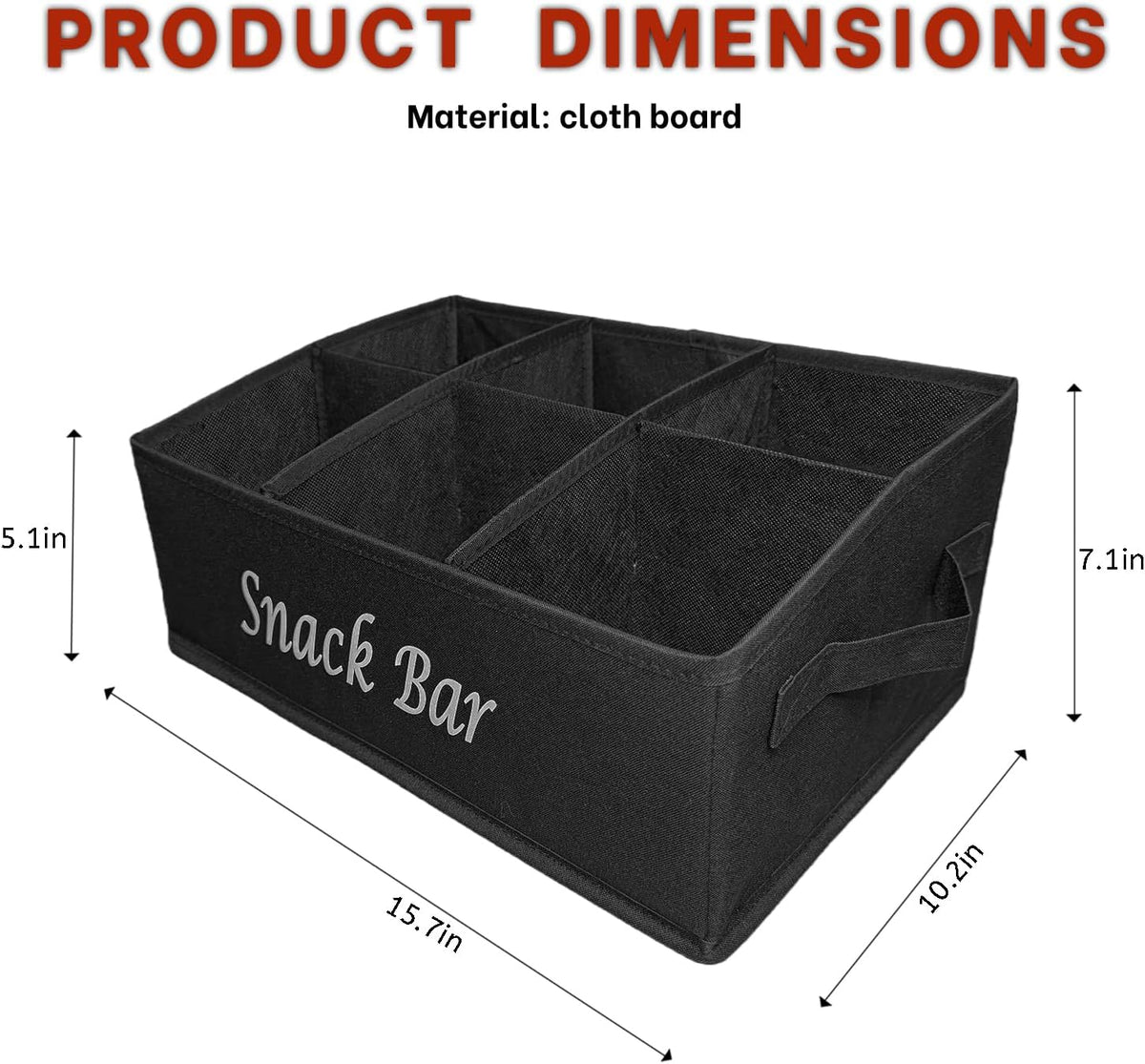 Snack Bar Organizer for Countertop,Black Fabric Snack Basket with Handles,6 Compartment Open Top Snack Bin for Kitchen Counter,Pantry,Snacks & Party Treats