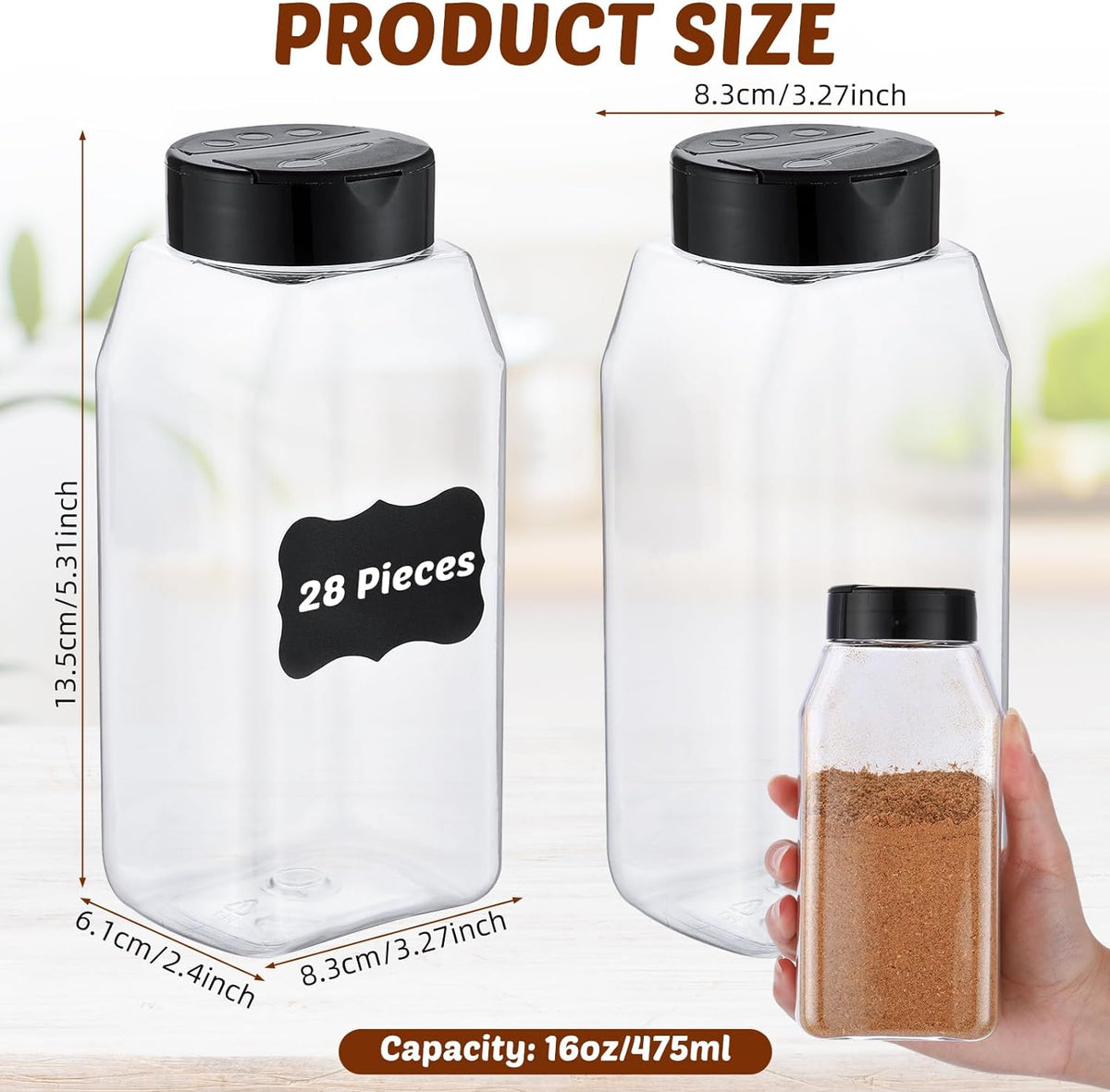Mifoci 28 Pack 16 oz Plastic Spice Jars with Cap Square Plastic Bottle Containers with Shaker Lids and Stickers Large Seasoning Shaker Empty Powder Storage Container for Storing Salt Herbs (Black)