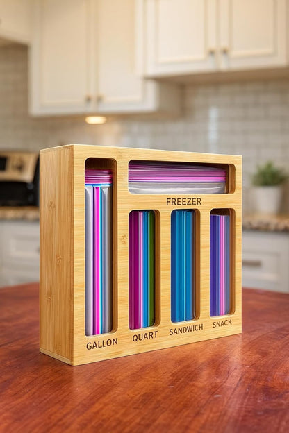 3 in 1 Wrap Organizer with Cutter and Labels, Plastic Wrap, Aluminum Foil and Wax Bamboo Dispenser for Kitchen Storage Organization Holder for 12" Roll (Natural)