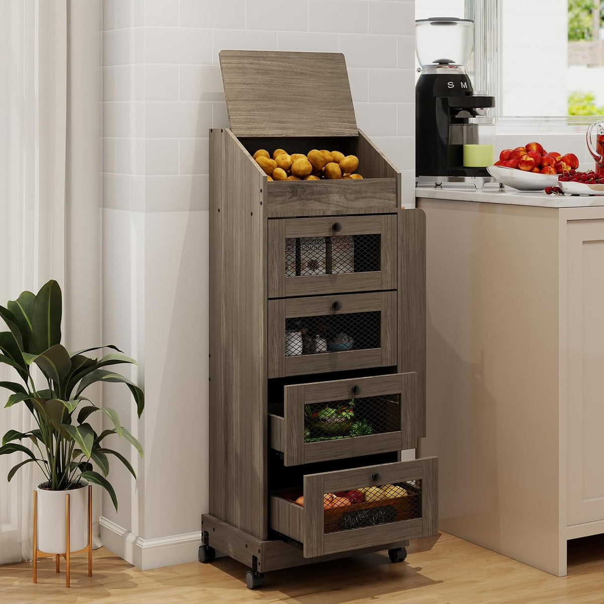 ARTETHYS Potato and Onion Storage Bin for Pantry 5-Tier Rolling Fruit and Vegetable Organizer with Spice Rack on Wheels Movable Large Bread Box Cabinet with 4 Ventilated Drawers for Kitchen, Rustic