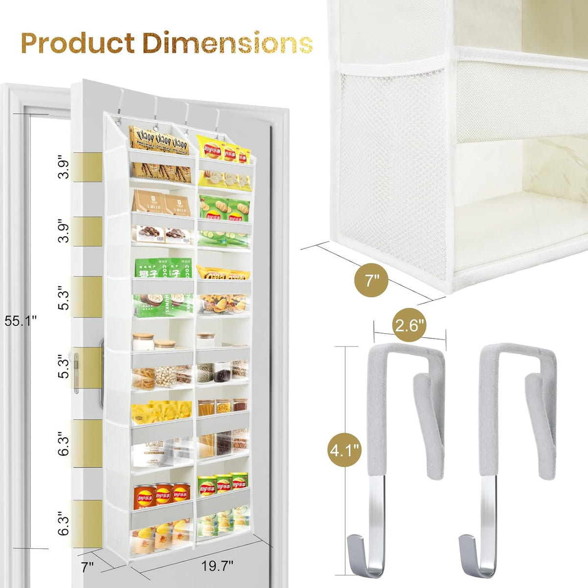 HOMELUX THEORY UPGRADED 6 Tiers Over The Door Organizer Hanging - 100D EXTRA THICK & 50lbs HUGE CAPACITY, 12 Side Mesh Pockets Over The Door Shoe Organizer, Hanging Closet Organizer (Ivory, 1pc)
