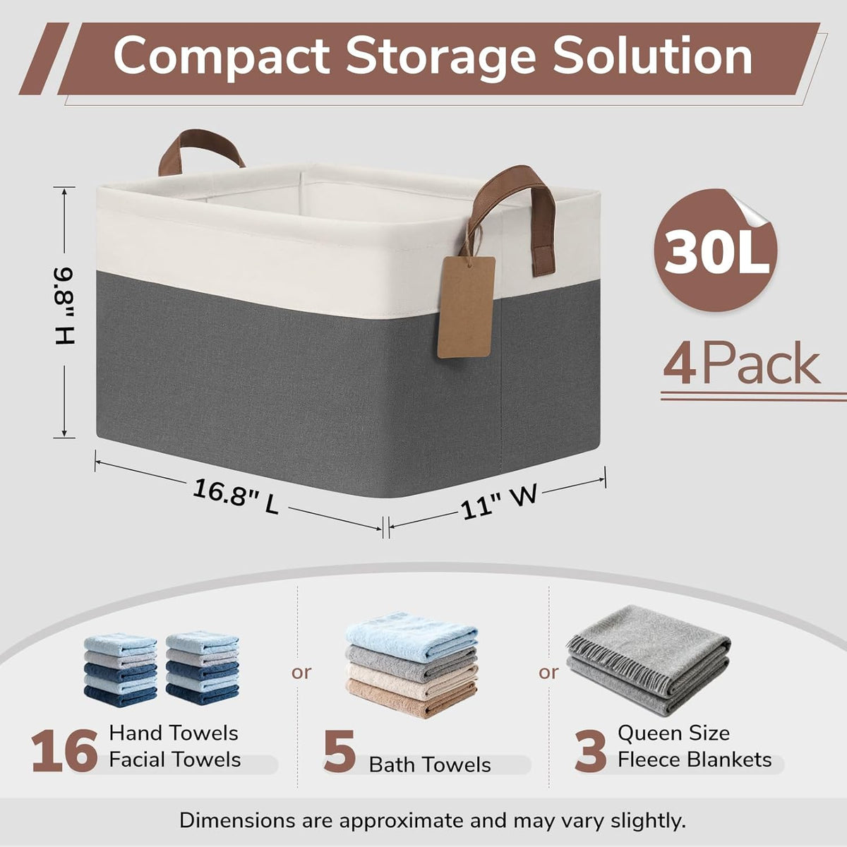 CHICVITA 4 Pack Large Storage Baskets for Shelves, Collapsible Closet Organizer Bins with Metal Frame, Fabric Storage Bins for Clothes Towels Organization, 16.8" x 11" x 9.8", Beige