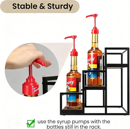 THYGIFTREE Coffee Syrup Rack Organizer 2-Tier 10 Syrup Bottles Holder Stand Metal with Wood Base for Coffee Bar Storage Shelves for Kitchen Countertop Matte Black