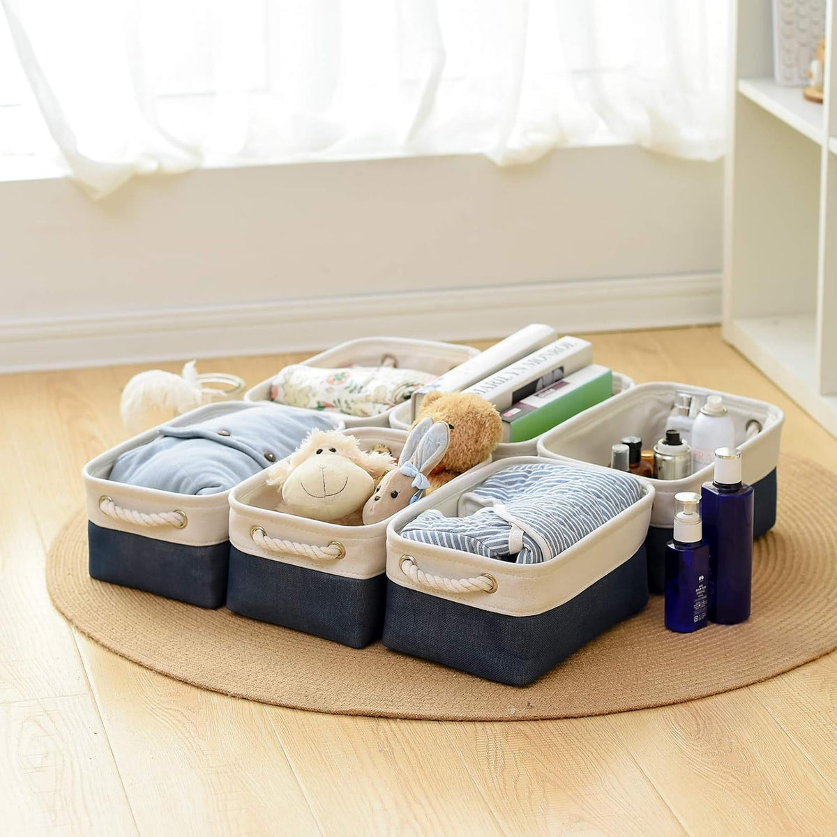 Fabric Storage Bins 12x8x5 inch [6-Pack] with Rope Handles - Decorative Baskets for Organizing