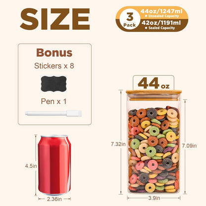 SHOWIN Glass Food Storage Jars Square 37oz, 4 Pack Glass Jars With Bamboo Lids, Kitchen Storage Containers For Spice, Candy, Cookie, Storage For Pantry Organizers