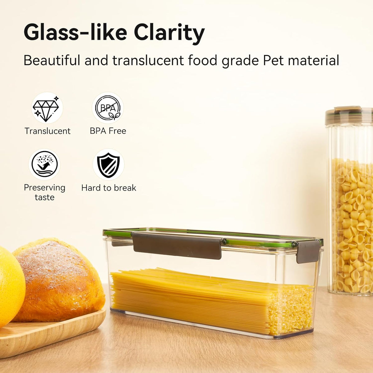 72oz Spaghetti Pasta Storage Container - Clear Plastic Noodle Holder with Airtight Lid Kitchen Pantry Food Storage Organizer for Rice Flour Cereal Oats Cracker Coffee Bean Linguini Lasagna (Square*1)