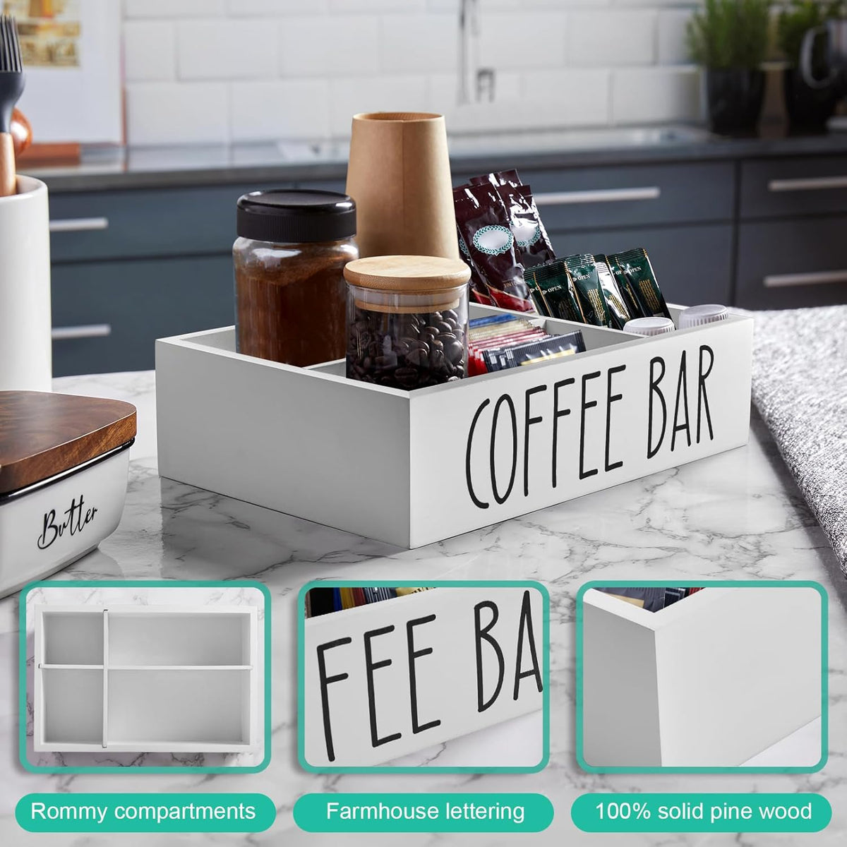 ALELION Coffee Station Organizer - Wood Countertop Accessories Organizer with Removable Dividers for Pods Condiment Syrup Tea Cups Stirrers - for Farmhouse Coffee Bar Decor
