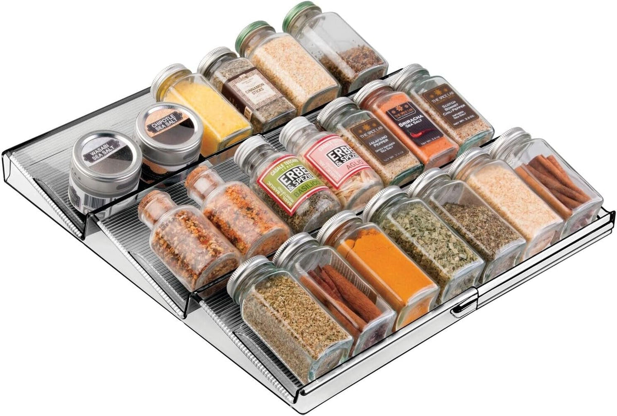 mDesign Expandable Plastic Deluxe Spice Rack, Drawer Organizer for Kitchen Cabinet Drawers, 3 Tier Slanted for Spice Jars, Food Seasoning Bottle Storage, Ligne Collection - Clear