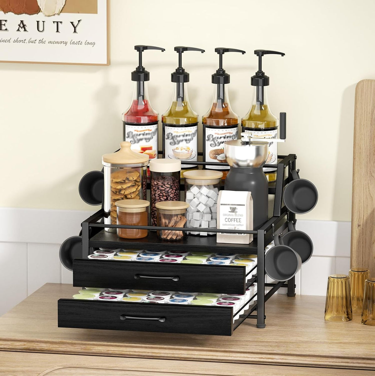 Homsorout Coffee Syrup Rack Organizer - 4-Tier 8 Syrup Wine Bottles Stand with 82 Storage Drawer for K Cups, Coffee Pod Holder for Countertop, Bar Station, Kitchen, Rustic Brown