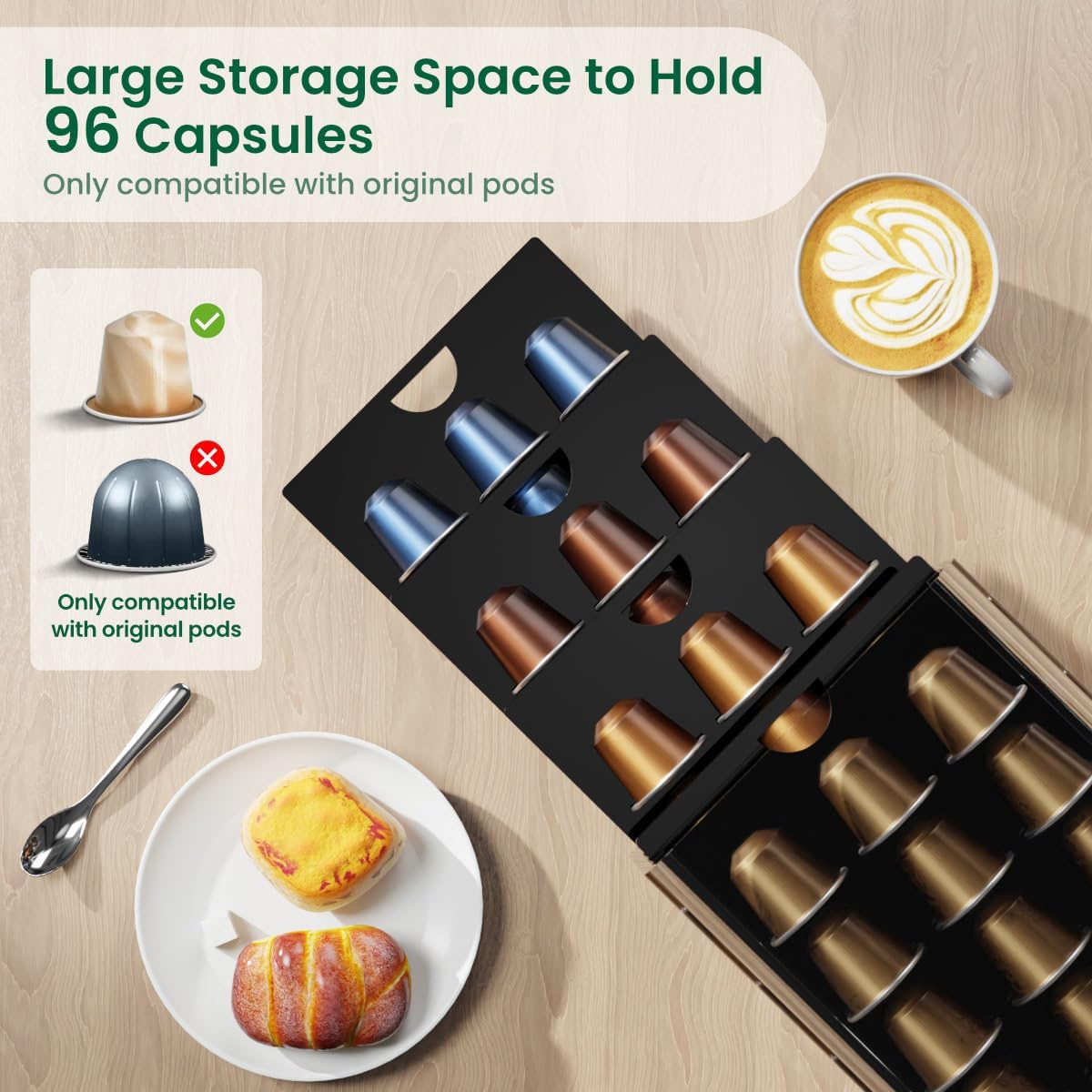 Acrylic Coffee Pod Holder for Nespresso OriginalLine Capsules, 40 Pods Capacity for Countertop Coffee Bar Home Office Kitchen