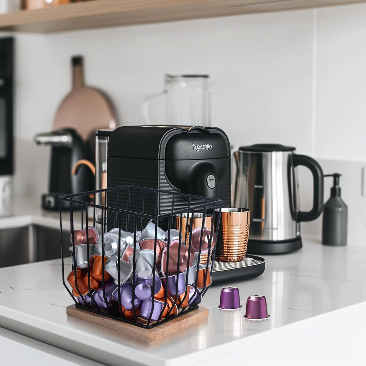 BYTEAIDREX Coffee Pod Holders for Counter - K Cup Holders for Counter - Coffee Pods Storage Organizer - Bar Accessories - Large Capacity Black Wire Kup Storage with Wooden Base.