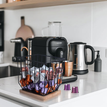 BYTEAIDREX Coffee Pod Holders for Counter - K Cup Holders for Counter - Coffee Pods Storage Organizer - Bar Accessories - Large Capacity Black Wire Kup Storage with Wooden Base.