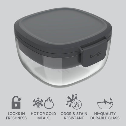 Bentgo Glass Prints Salad Container - 7.6-Cup Tinted Glass Salad Bowl with Airtight Lid, Leak-Proof Sauce Container, 4-Compartment Bento Meal Prep Tray & Reusable Fork (Floral Maximalist - Sea)