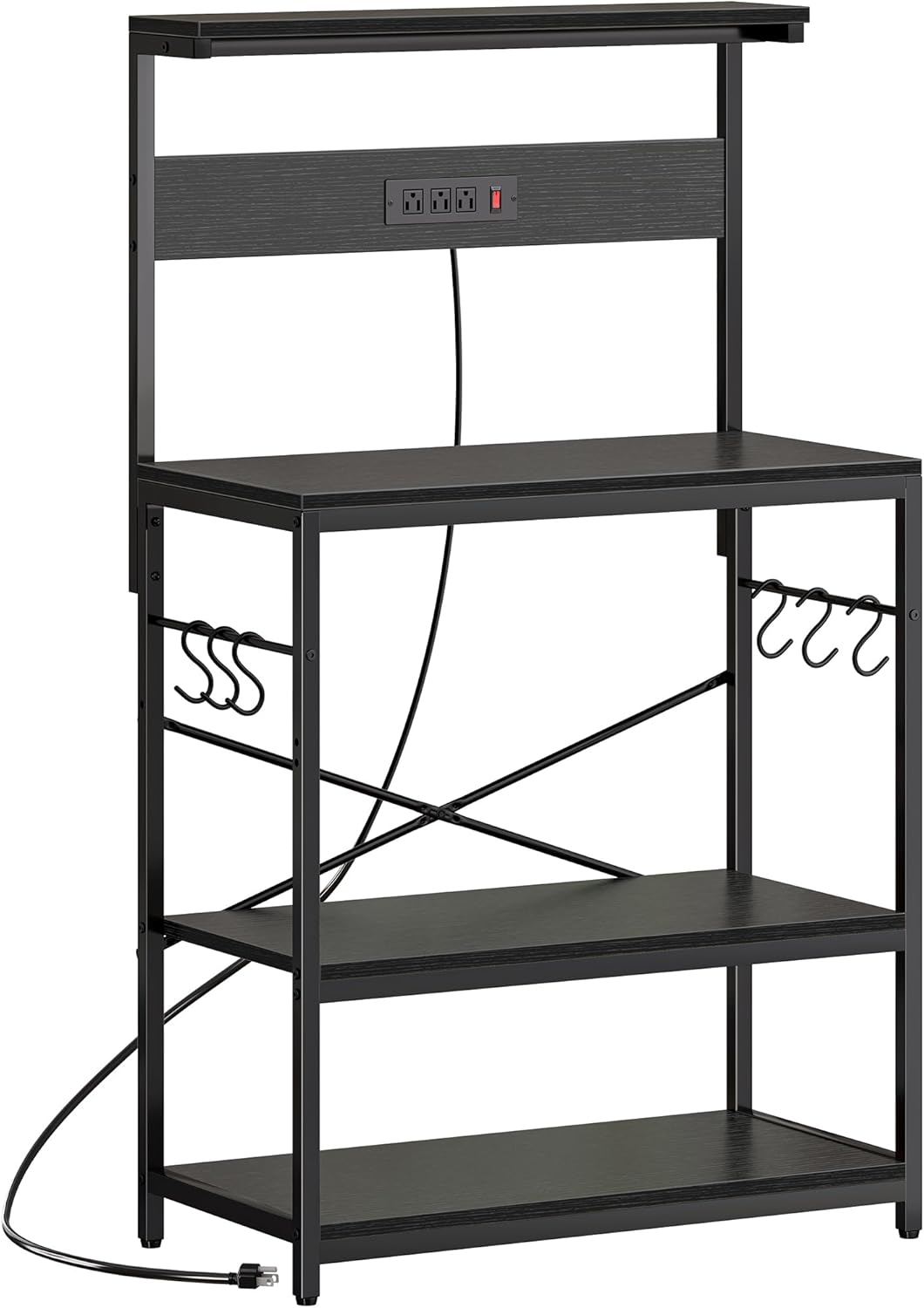 SUPERJARE Kitchen Bakers Rack with Power Outlet, Coffee Bar Table 4 Tiers, Kitchen Microwave Stand with 6 S-shaped Hooks, Storage Shelf Rack for Spices, Pots and Pans - Rustic Brown