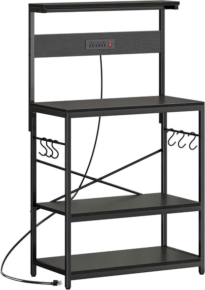 SUPERJARE Kitchen Bakers Rack with Power Outlet, Coffee Bar Table 4 Tiers, Kitchen Microwave Stand with 6 S-shaped Hooks, Storage Shelf Rack for Spices, Pots and Pans - Rustic Brown
